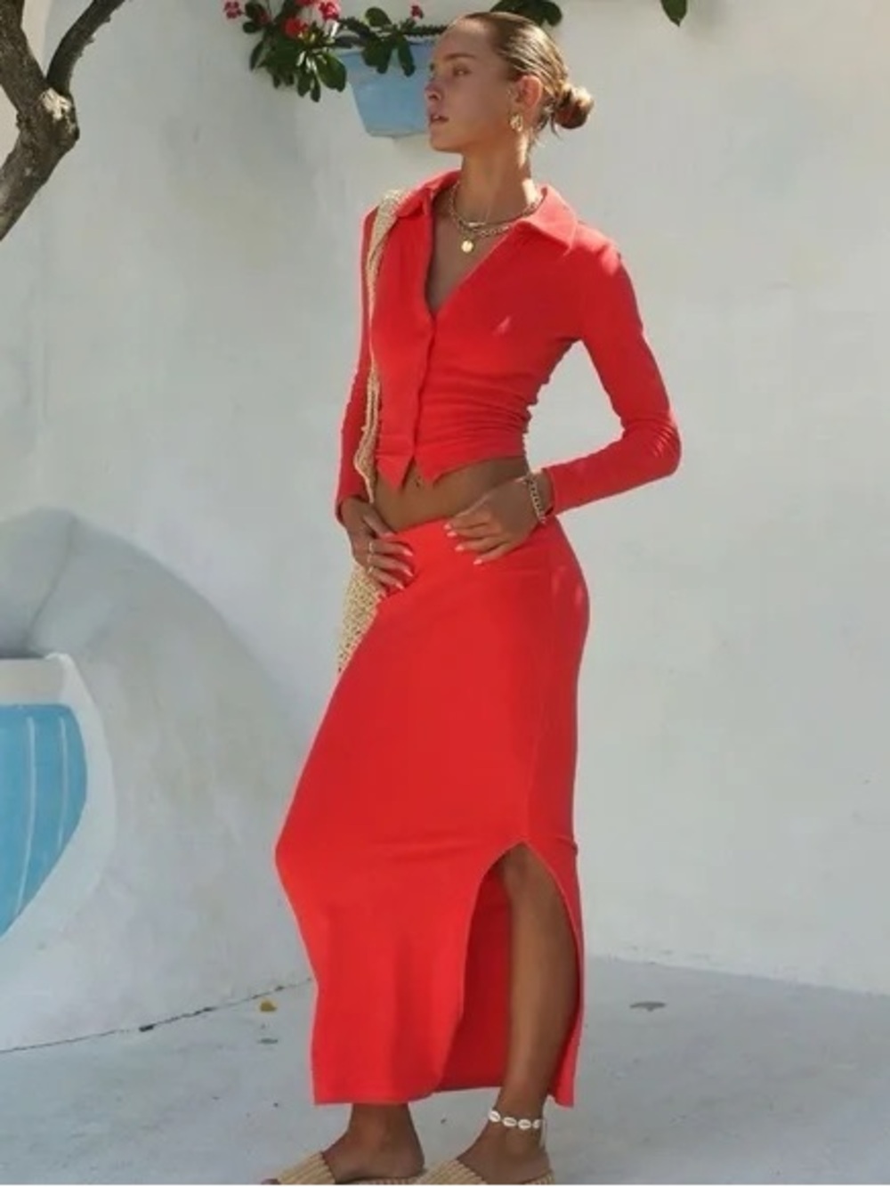 Bailey button down terry top and column Maxi Skirt Set